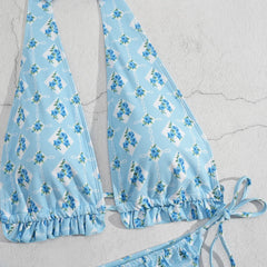 Sky Blue Floral Print Micro Bikini Halter V Neck Pleate Push Up Bra Thong Swimsuit Beach Bathing Suit Swimwear