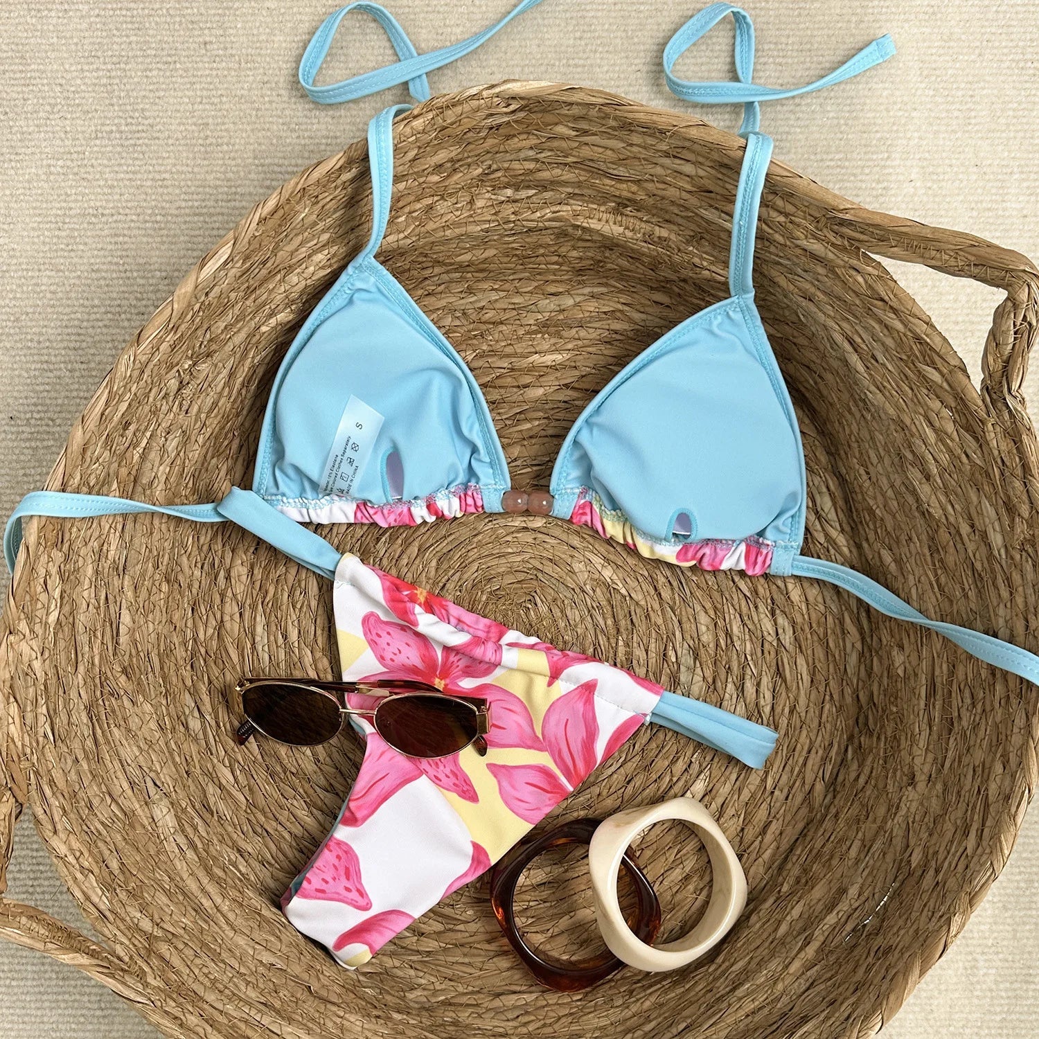 Sky Blue Floral Print Micro Bikini Push Up Bra Pleate Thong Swimwear Beach Bathing Suit Holiday Swimsuit Biquini