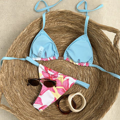 Sky Blue Floral Print Micro Bikini Push Up Bra Pleate Thong Swimwear Beach Bathing Suit Holiday Swimsuit Biquini