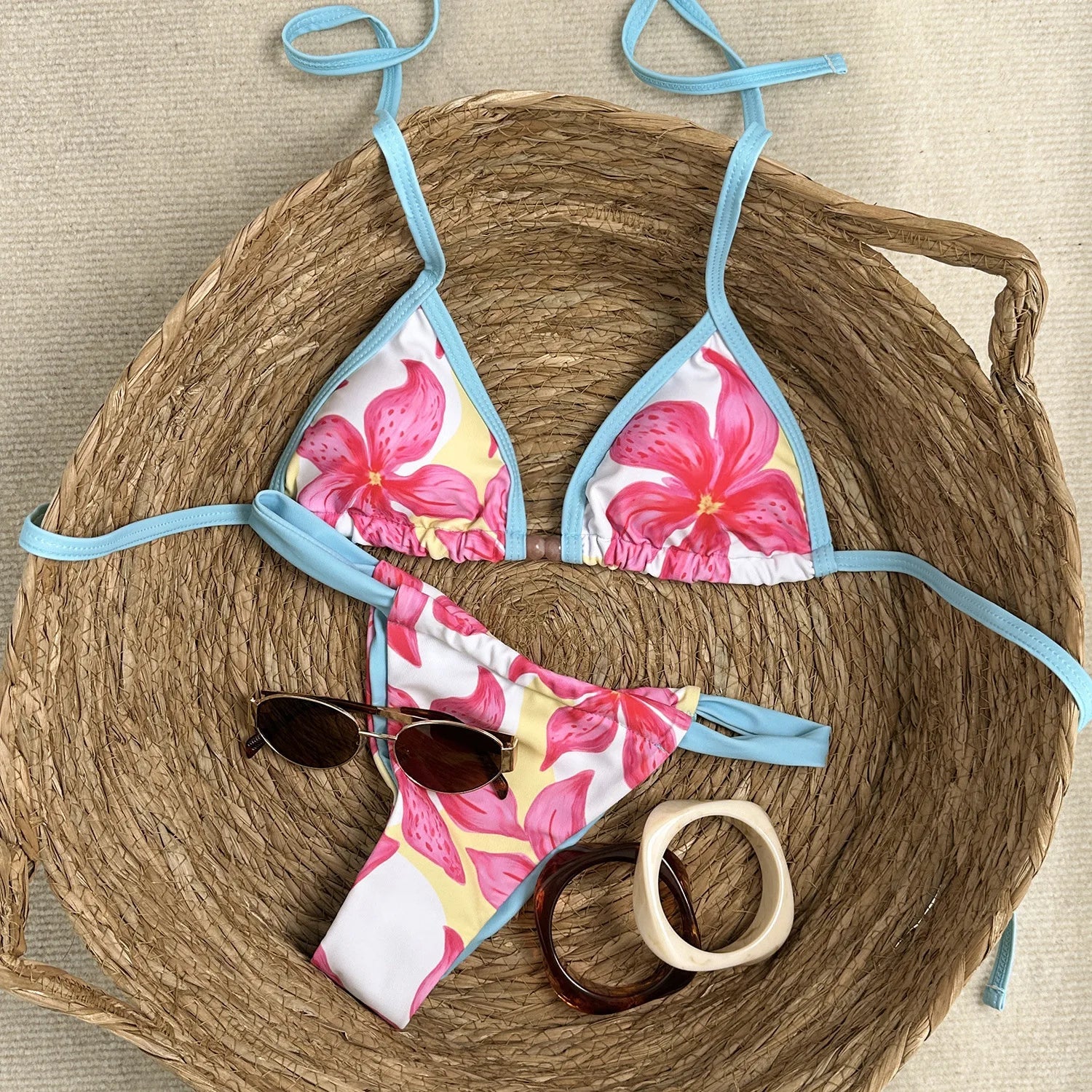 Sky Blue Floral Print Micro Bikini Push Up Bra Pleate Thong Swimwear Beach Bathing Suit Holiday Swimsuit Biquini