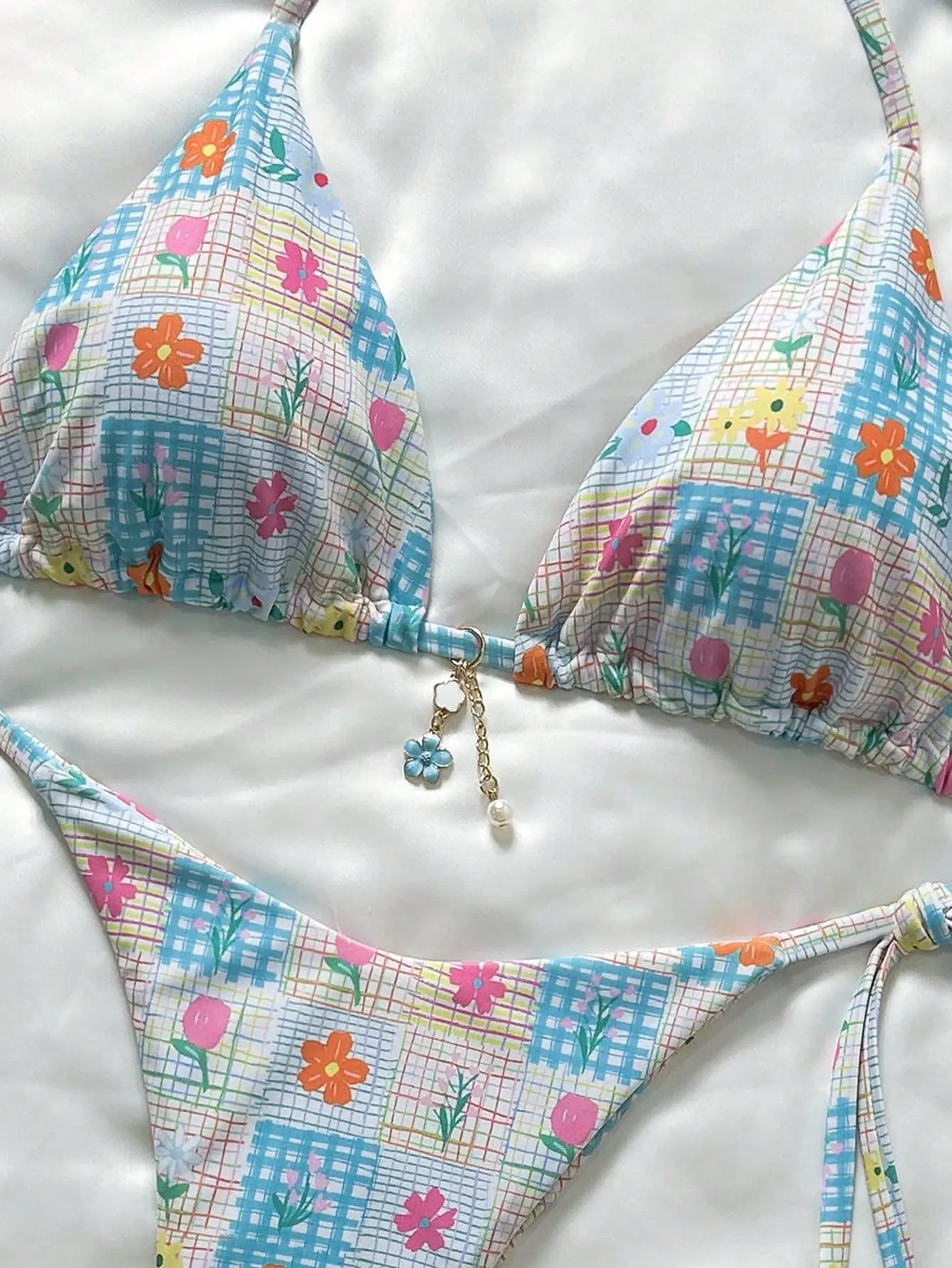 Sky Blue Floral Print Patchwork Micro Bikini Push Up Tie Side Thong Swimsuit Beach Holiday Bathing Suit Swimwear