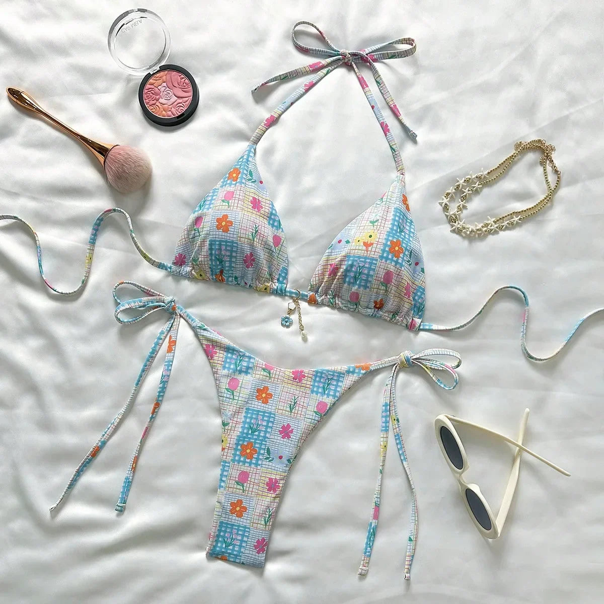 Sky Blue Floral Print Patchwork Micro Bikini Push Up Tie Side Thong Swimsuit Beach Holiday Bathing Suit Swimwear