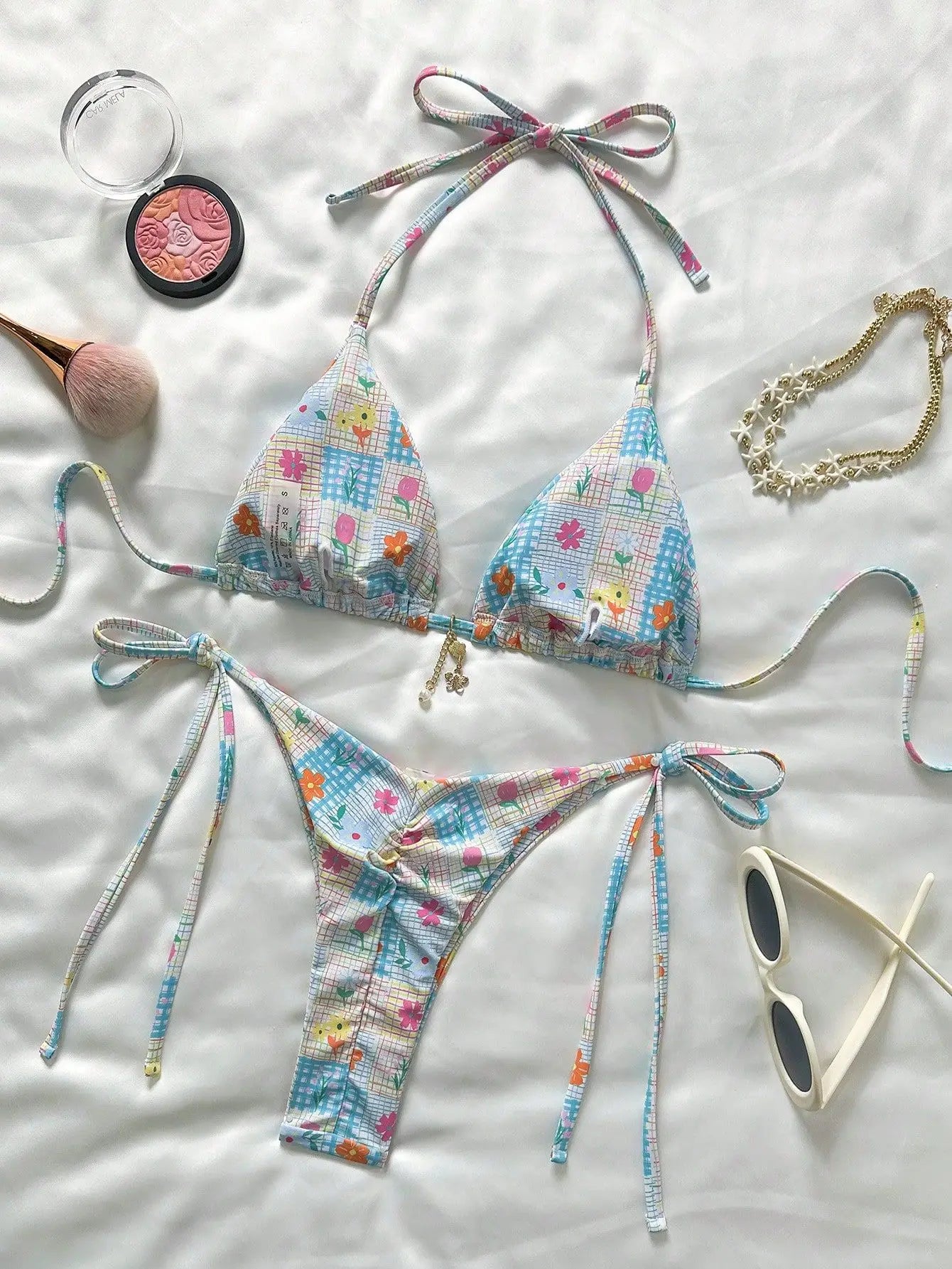 Sky Blue Floral Print Patchwork Micro Bikini Push Up Tie Side Thong Swimsuit Beach Holiday Bathing Suit Swimwear