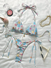 Sky Blue Floral Print Patchwork Micro Bikini Push Up Tie Side Thong Swimsuit Beach Holiday Bathing Suit Swimwear