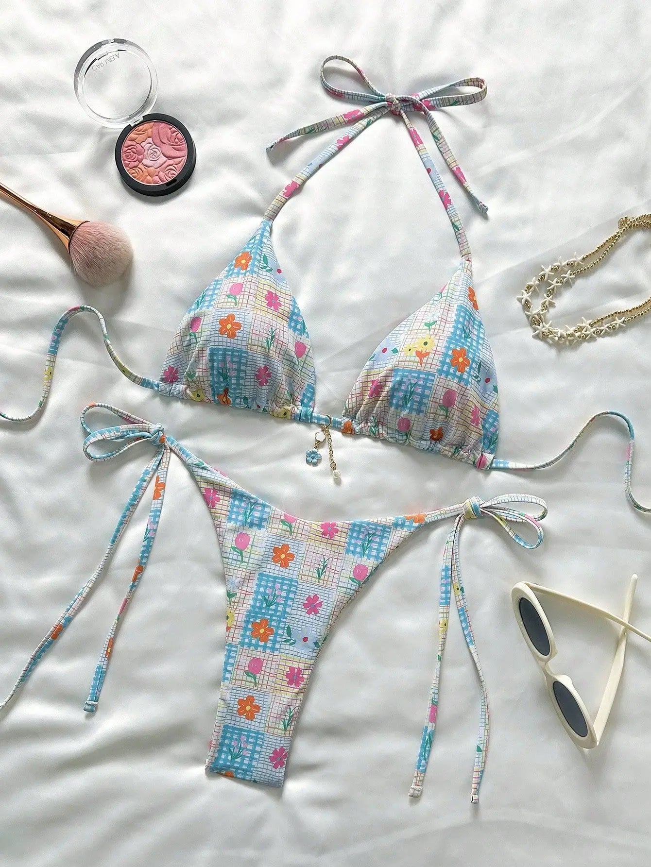 Sky Blue Floral Print Patchwork Micro Bikini Push Up Tie Side Thong Swimsuit Beach Holiday Bathing Suit Swimwear