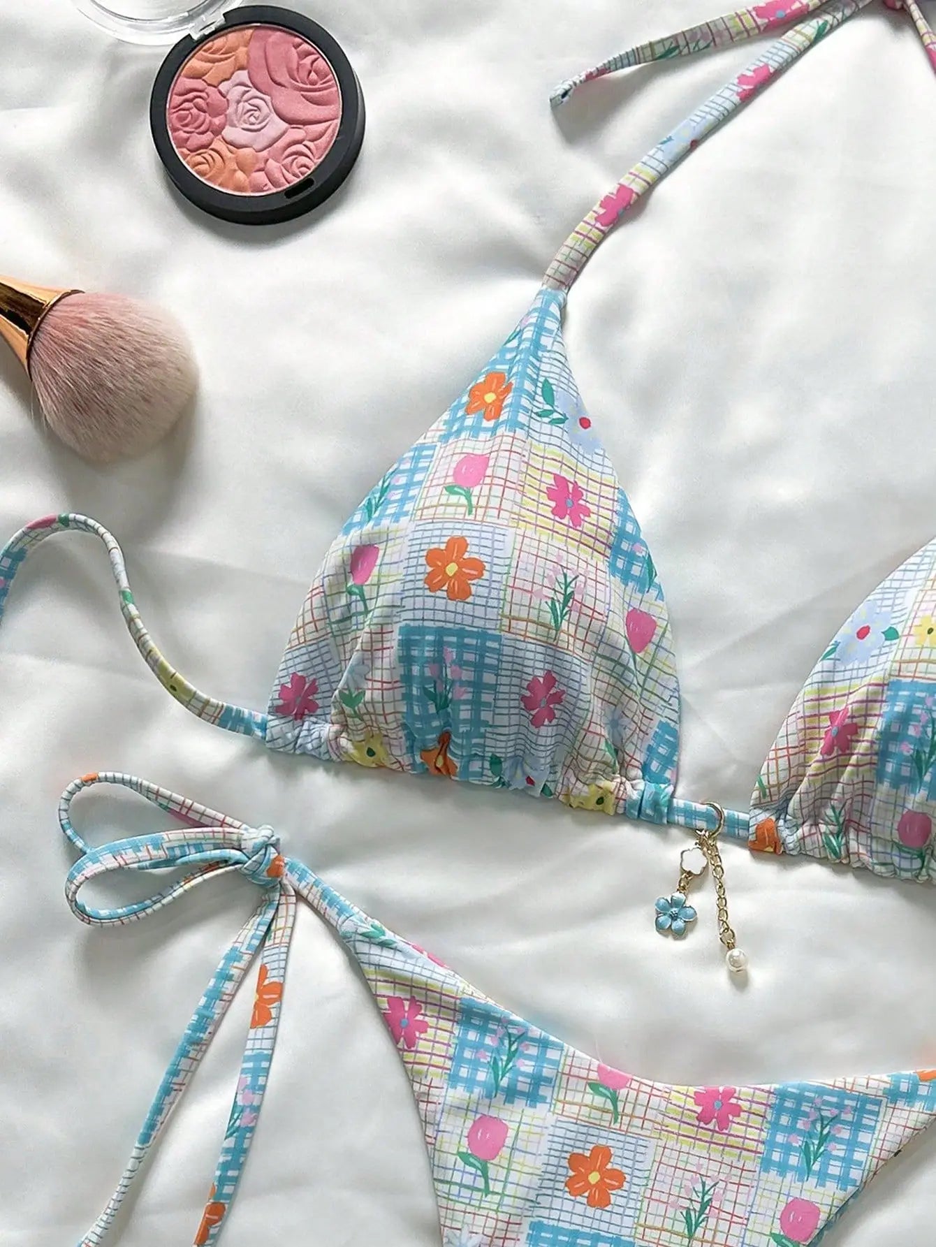 Sky Blue Floral Print Patchwork Micro Bikini Push Up Tie Side Thong Swimsuit Beach Holiday Bathing Suit Swimwear