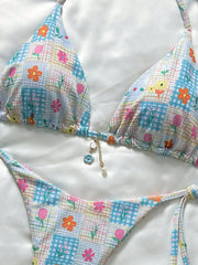Sky Blue Floral Print Patchwork Micro Bikini Push Up Tie Side Thong Swimsuit Beach Holiday Bathing Suit Swimwear