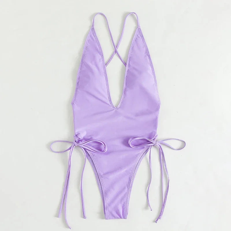 Solid Color Bikini One Piece Swimsuit Triangle Bag V-neck Swimwear Cross Bandage Backless Monokini Bathing Suit