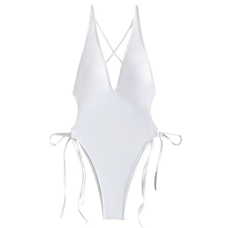 Solid Color Bikini One Piece Swimsuit Triangle Bag V-neck Swimwear Cross Bandage Backless Monokini Bathing Suit