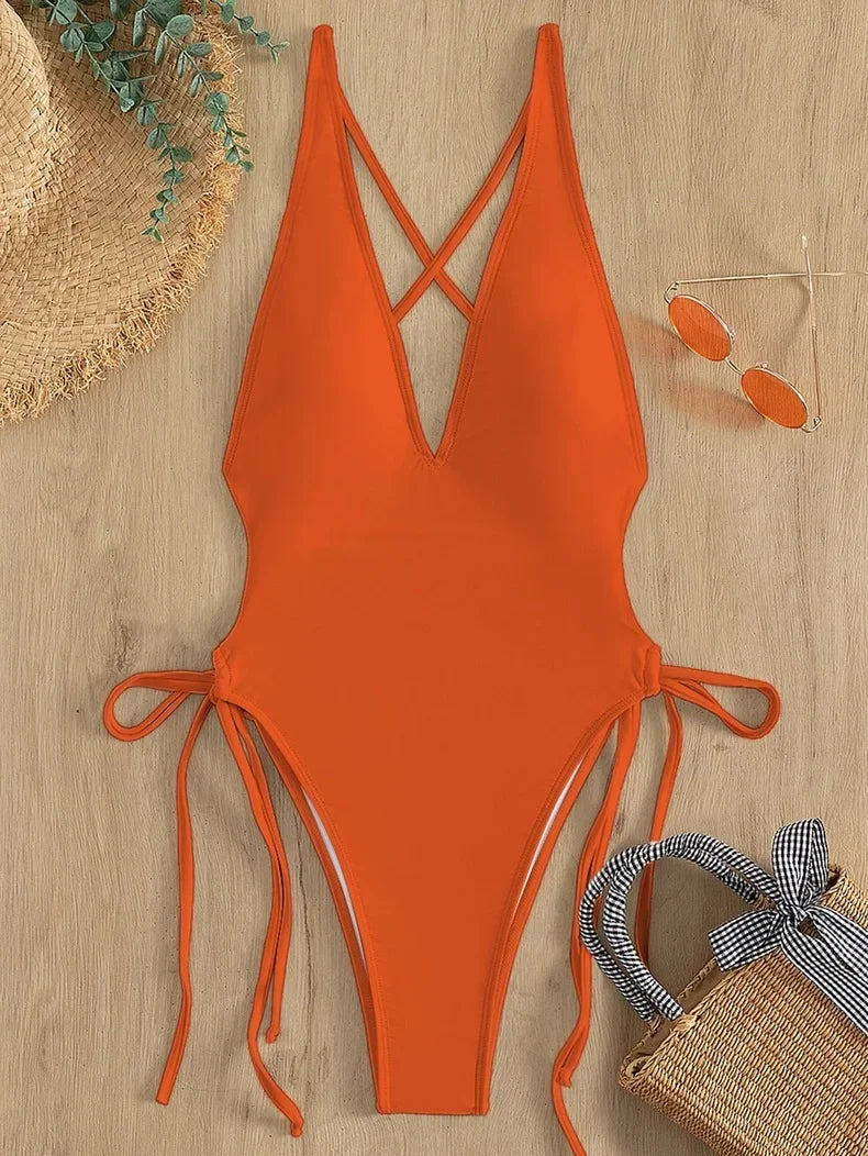 Solid Color Bikini One Piece Swimsuit Triangle Bag V-neck Swimwear Cross Bandage Backless Monokini Bathing Suit