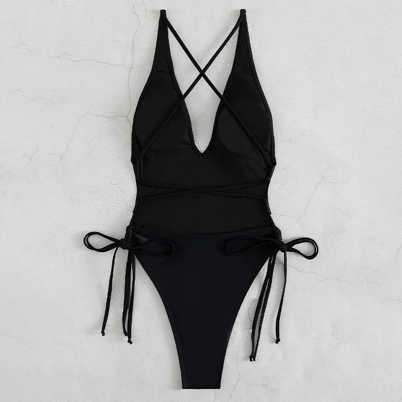 Solid Color Bikini One Piece Swimsuit Triangle Bag V-neck Swimwear Cross Bandage Backless Monokini Bathing Suit