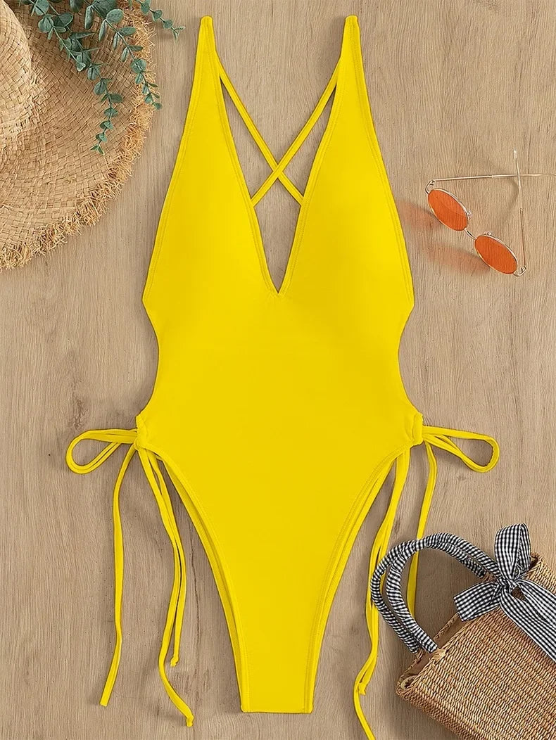 Solid Color Bikini One Piece Swimsuit Triangle Bag V-neck Swimwear Cross Bandage Backless Monokini Bathing Suit