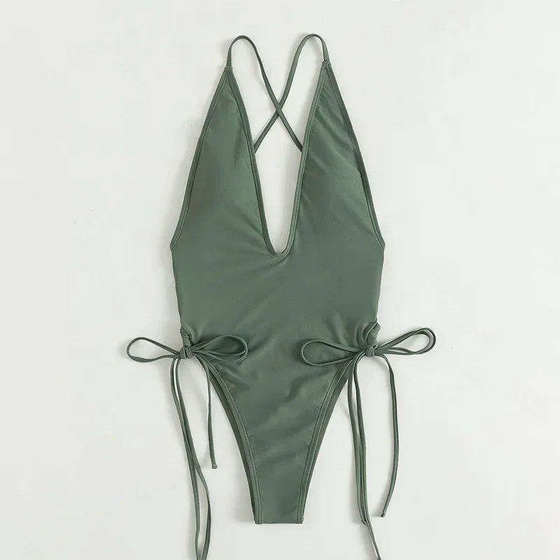 Solid Color Bikini One Piece Swimsuit Triangle Bag V-neck Swimwear Cross Bandage Backless Monokini Bathing Suit