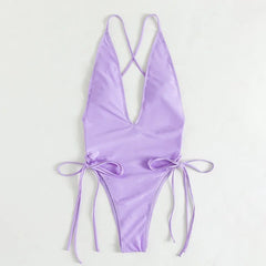 Solid Color Bikini One Piece Swimsuit Triangle Bag V-neck Swimwear Cross Bandage Backless Monokini Bathing Suit