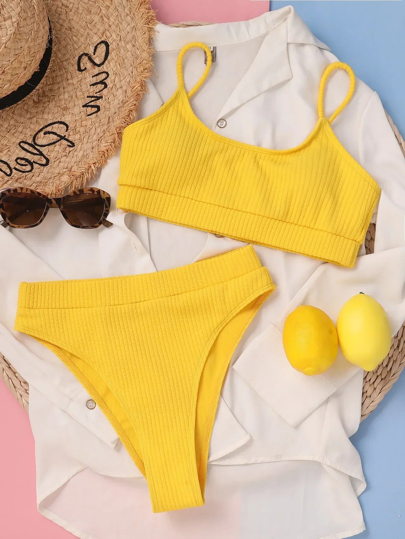 Solid Yellow Bikini Mujer High Cut Pleate Swimsuit Separate Beach Bathing Suit High Waist Swimwear Biquini New