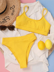 Solid Yellow Bikini Mujer High Cut Pleate Swimsuit Separate Beach Bathing Suit High Waist Swimwear Biquini New