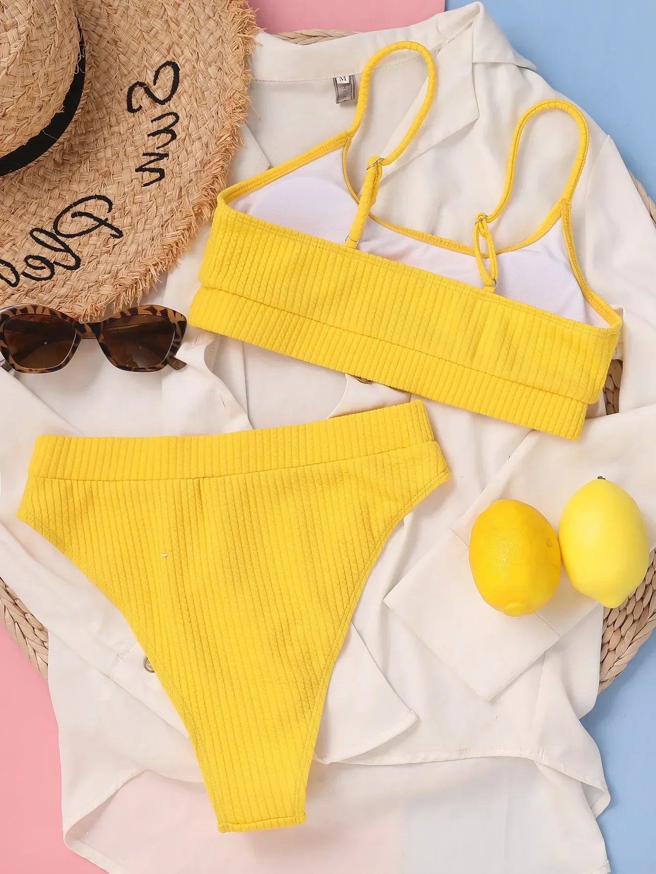 Solid Yellow Bikini Mujer High Cut Pleate Swimsuit Separate Beach Bathing Suit High Waist Swimwear Biquini New