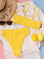Solid Yellow Bikini Mujer High Cut Pleate Swimsuit Separate Beach Bathing Suit High Waist Swimwear Biquini New