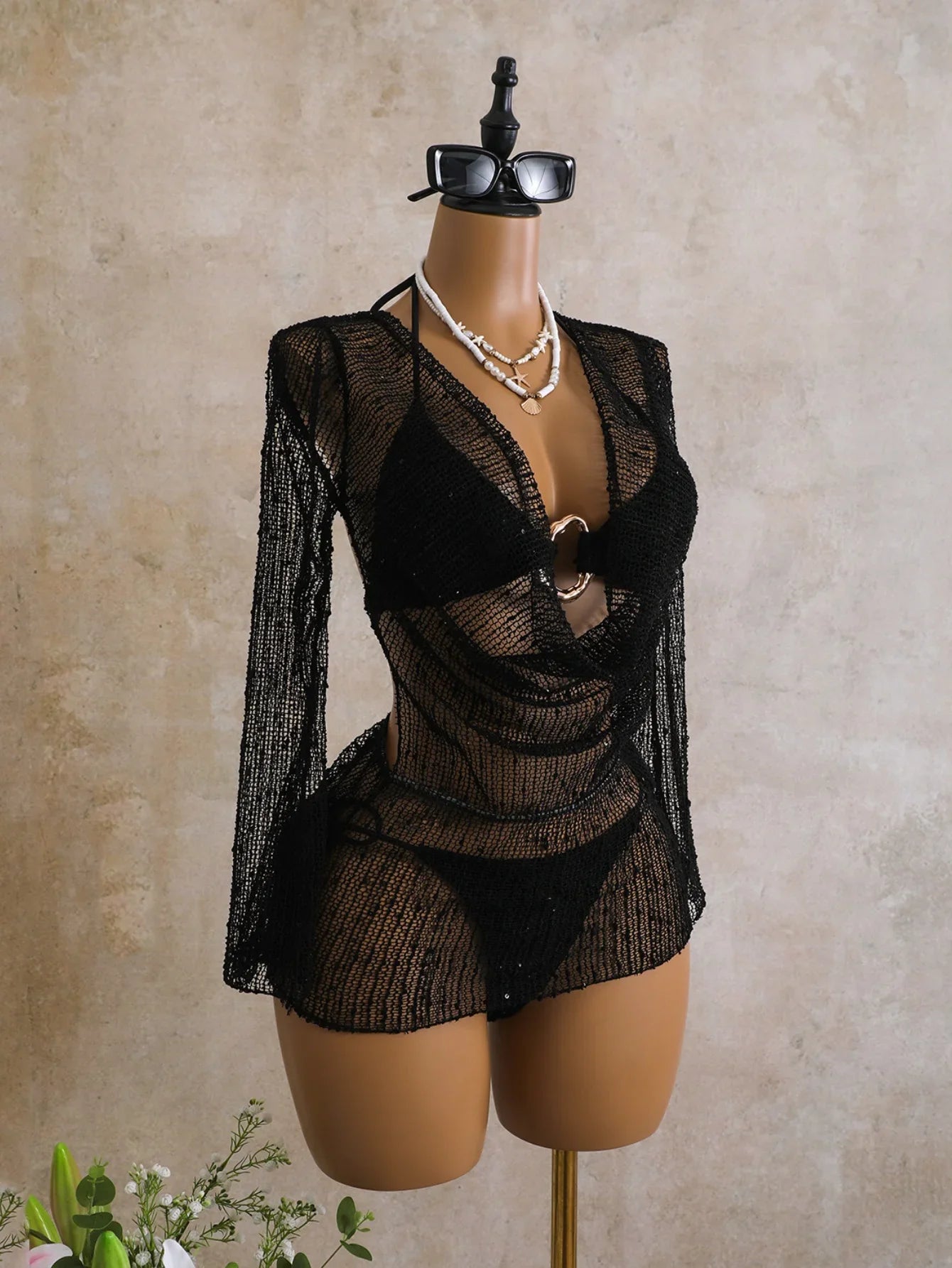 Swing Collar Sequin Long Sleeve Mesh Dress 3 Piece Swimsuit Black Push Up Triangle Swimsuit Bathing Suits Swimwear