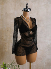 Swing Collar Sequin Long Sleeve Mesh Dress 3 Piece Swimsuit Black Push Up Triangle Swimsuit Bathing Suits Swimwear
