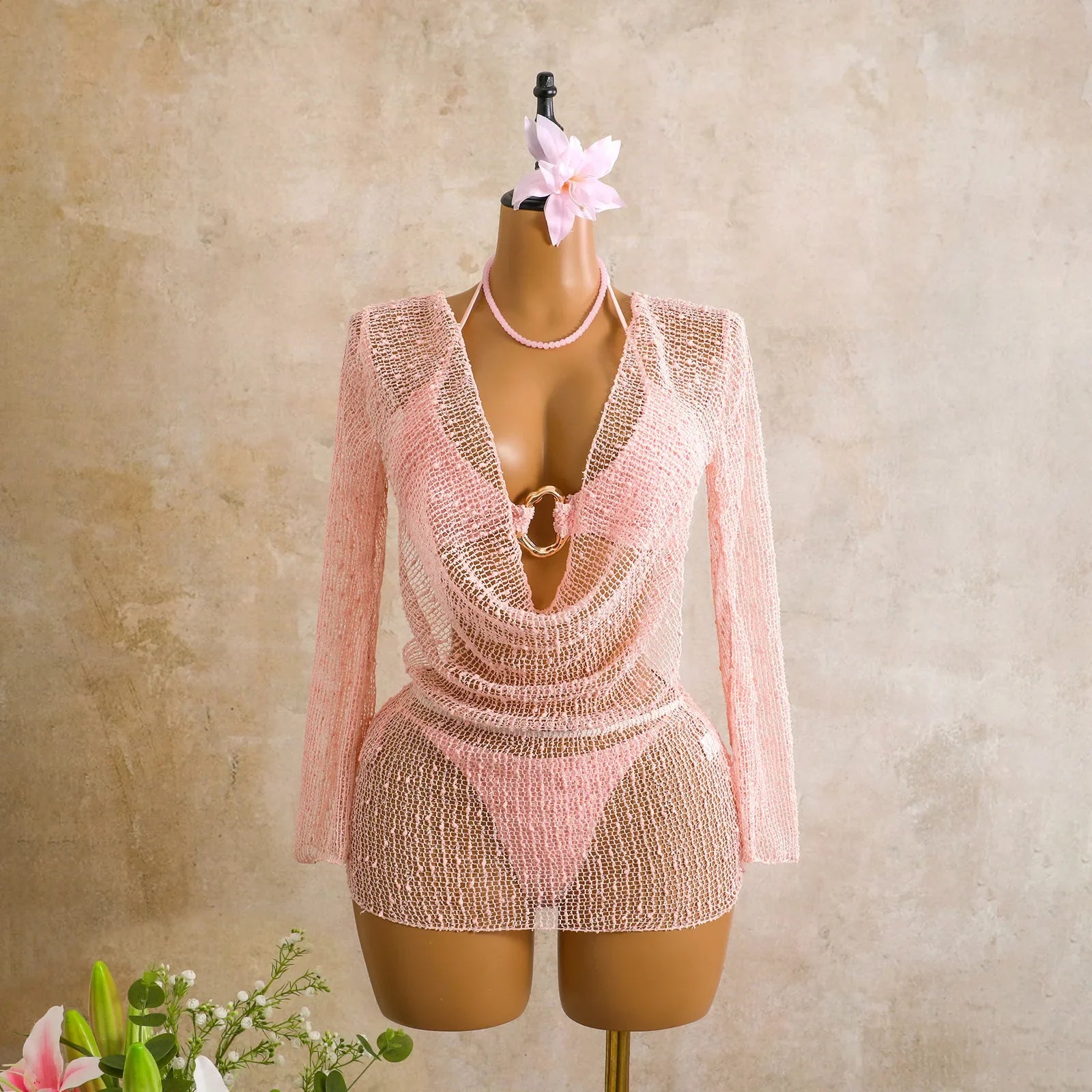 Swing Collar Sequin Long Sleeve Mesh Dress 3 Piece Swimsuit Black Push Up Triangle Swimsuit Bathing Suits Swimwear