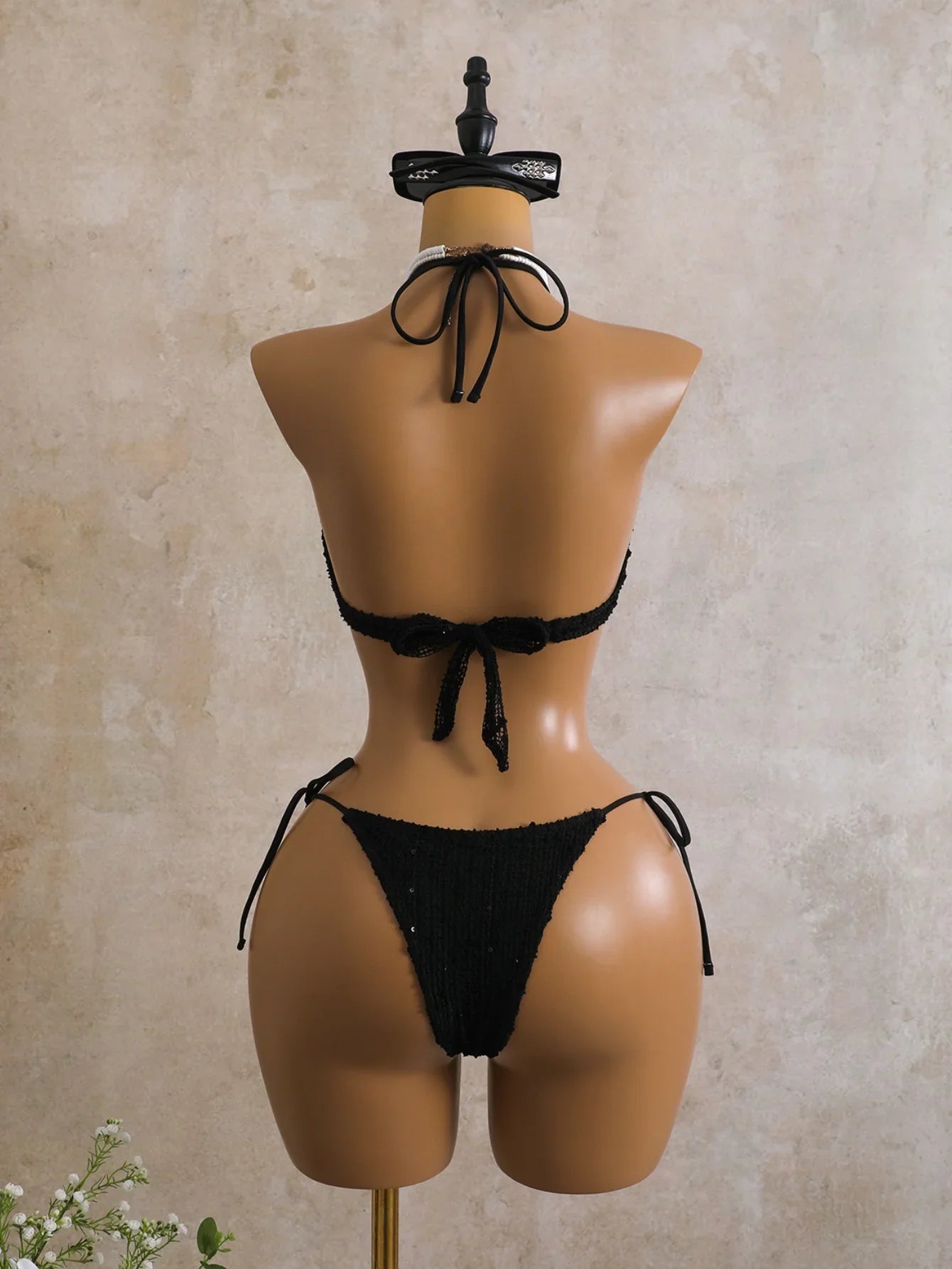 Swing Collar Sequin Long Sleeve Mesh Dress 3 Piece Swimsuit Black Push Up Triangle Swimsuit Bathing Suits Swimwear
