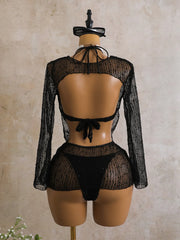 Swing Collar Sequin Long Sleeve Mesh Dress 3 Piece Swimsuit Black Push Up Triangle Swimsuit Bathing Suits Swimwear