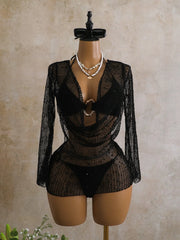 Swing Collar Sequin Long Sleeve Mesh Dress 3 Piece Swimsuit Black Push Up Triangle Swimsuit Bathing Suits Swimwear