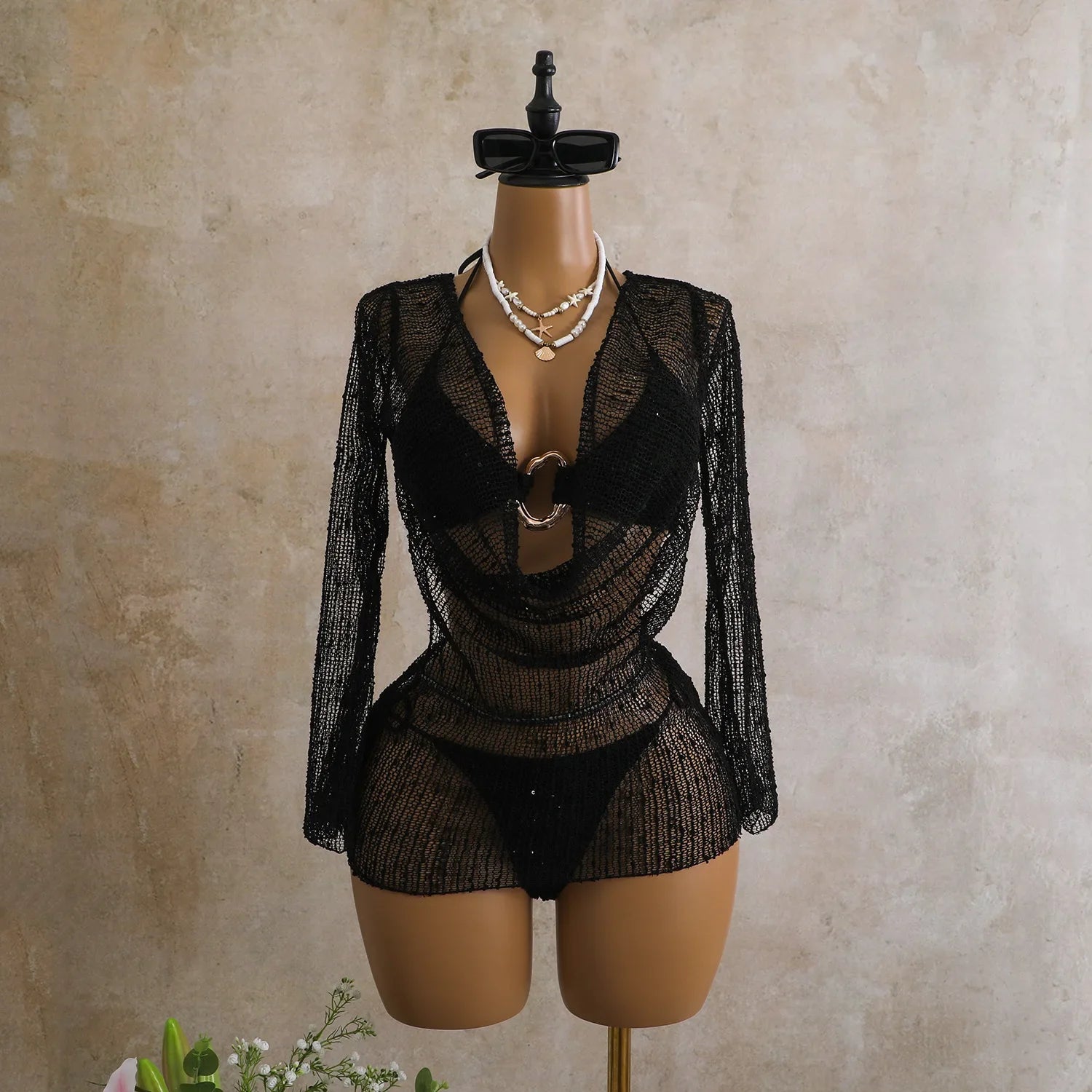 Swing Collar Sequin Long Sleeve Mesh Dress 3 Piece Swimsuit Black Push Up Triangle Swimsuit Bathing Suits Swimwear