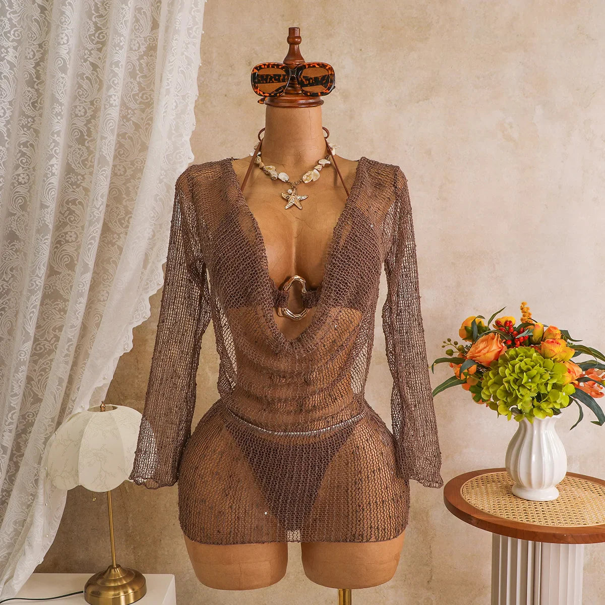 Swing Collar Sequin Long Sleeve Mesh Dress 3 Piece Swimsuit Black Push Up Triangle Swimsuit Bathing Suits Swimwear