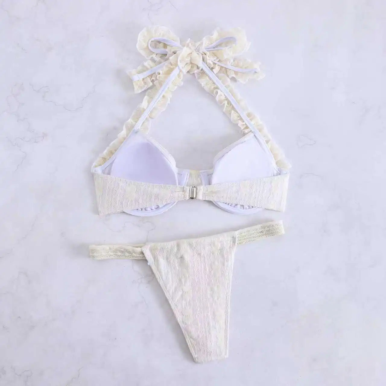 Thong Bikini Beige Lace Trim Push Up Underwire Bra Micro Swimsuit Brazilian Beach Bathing Suit
