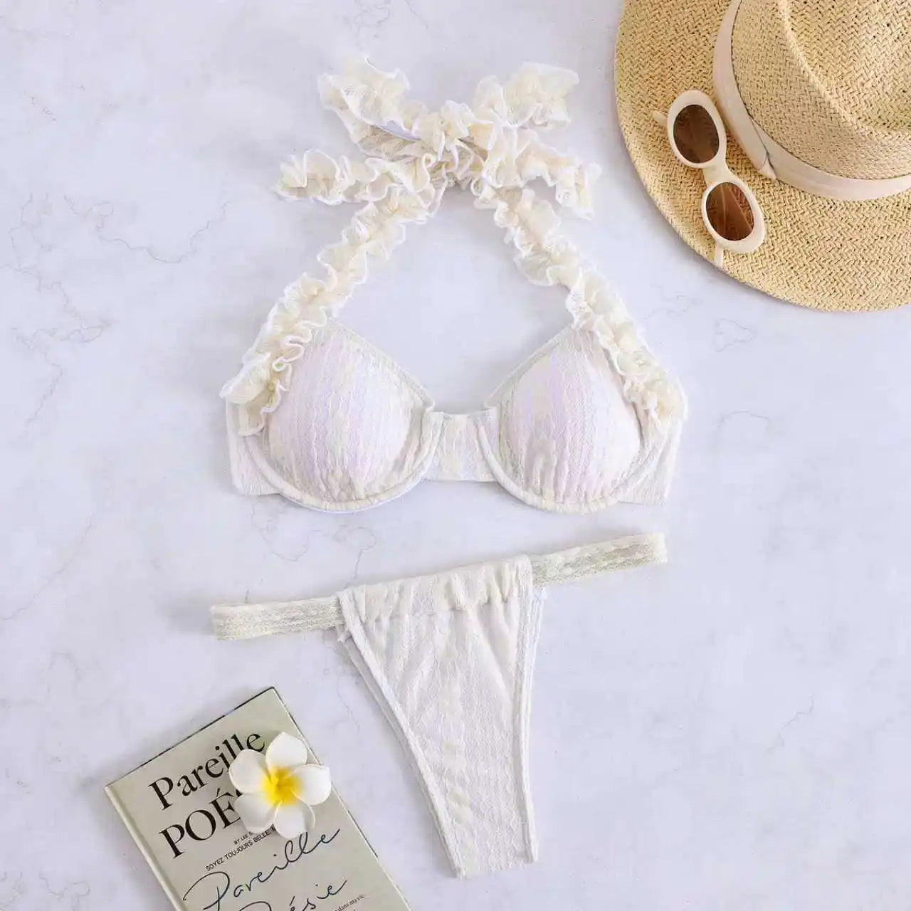 Thong Bikini Beige Lace Trim Push Up Underwire Bra Micro Swimsuit Brazilian Beach Bathing Suit