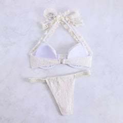 Thong Bikini Beige Lace Trim Push Up Underwire Bra Micro Swimsuit Brazilian Beach Bathing Suit