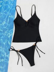 Thong Bikini Black Metal Circle Hollow Out Tank Top Two Piece Swimsuit Beach Bathing Suit Micro Swimwear biquini