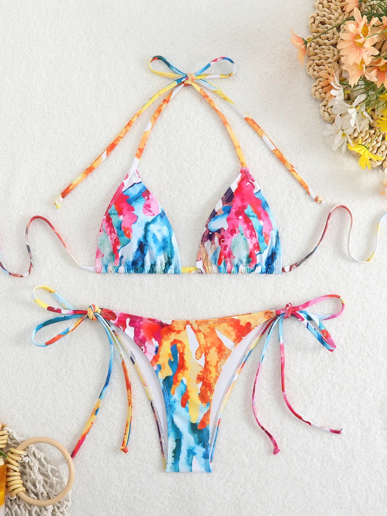 Tie Dye Gradient Mini Bikini Halter Push Up Bra Tie Side Thong Swimsuit Beach Pool Holiday Bathing Suit Swimwear