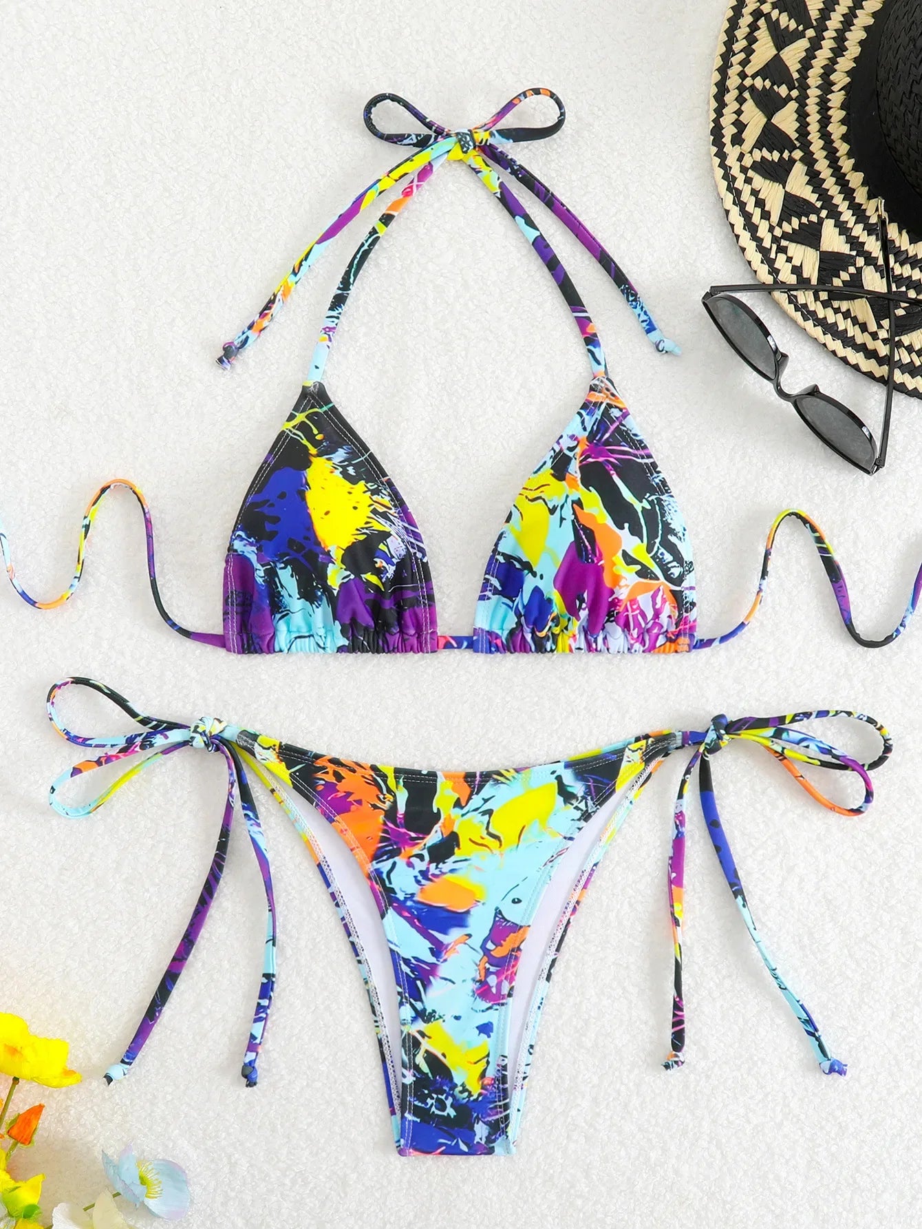 Tie Dye Gradient Mini Bikini Halter Push Up Bra Tie Side Thong Swimsuit Beach Pool Holiday Bathing Suit Swimwear