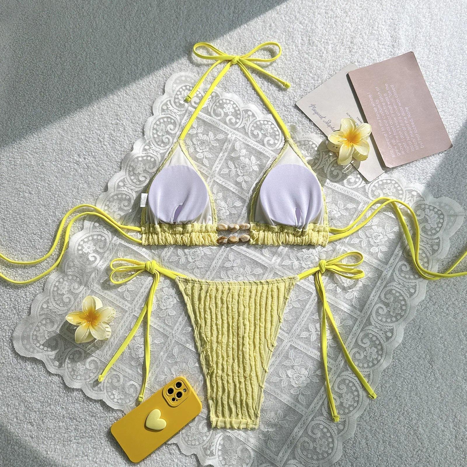 Tie Side Thong Bikini Mujer Yellow Stone Pleate Push Up Bra Micro Swimsuit Bathing Suit