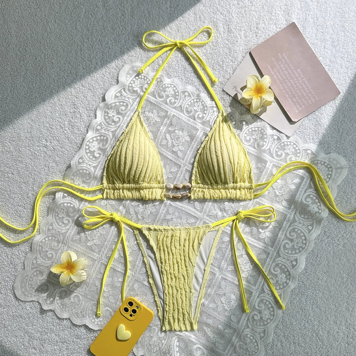 Tie Side Thong Bikini Mujer Yellow Stone Pleate Push Up Bra Micro Swimsuit Bathing Suit