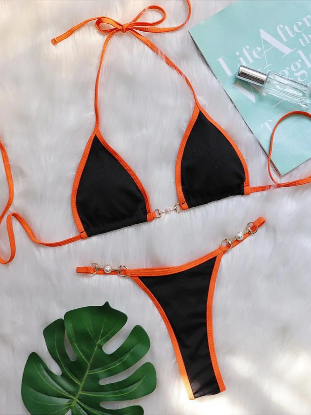 Triangle Bag Bikini Solid Halter Push Up Two Piece Bikini Set