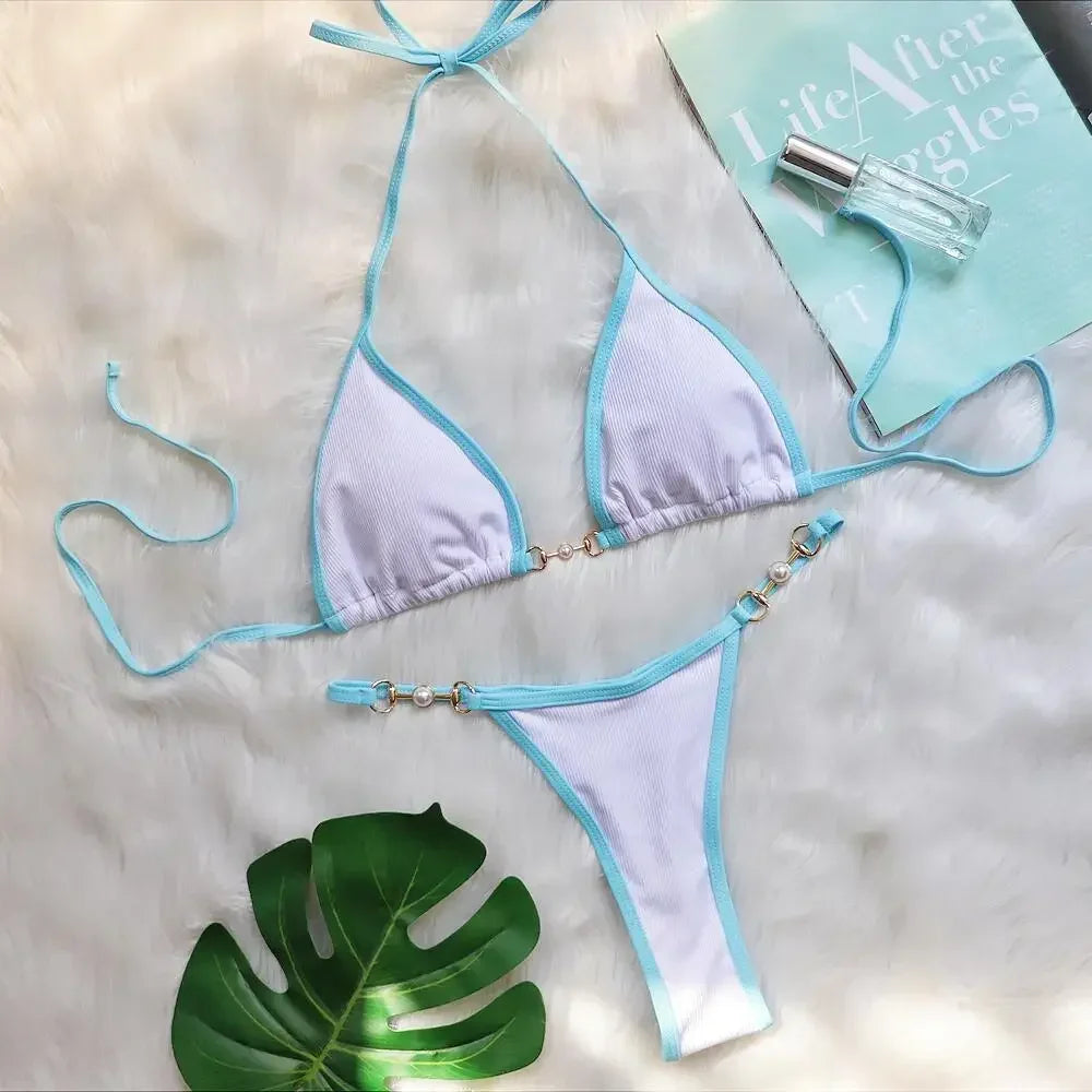 Triangle Bag Bikini Solid Halter Push Up Two Piece Bikini Set