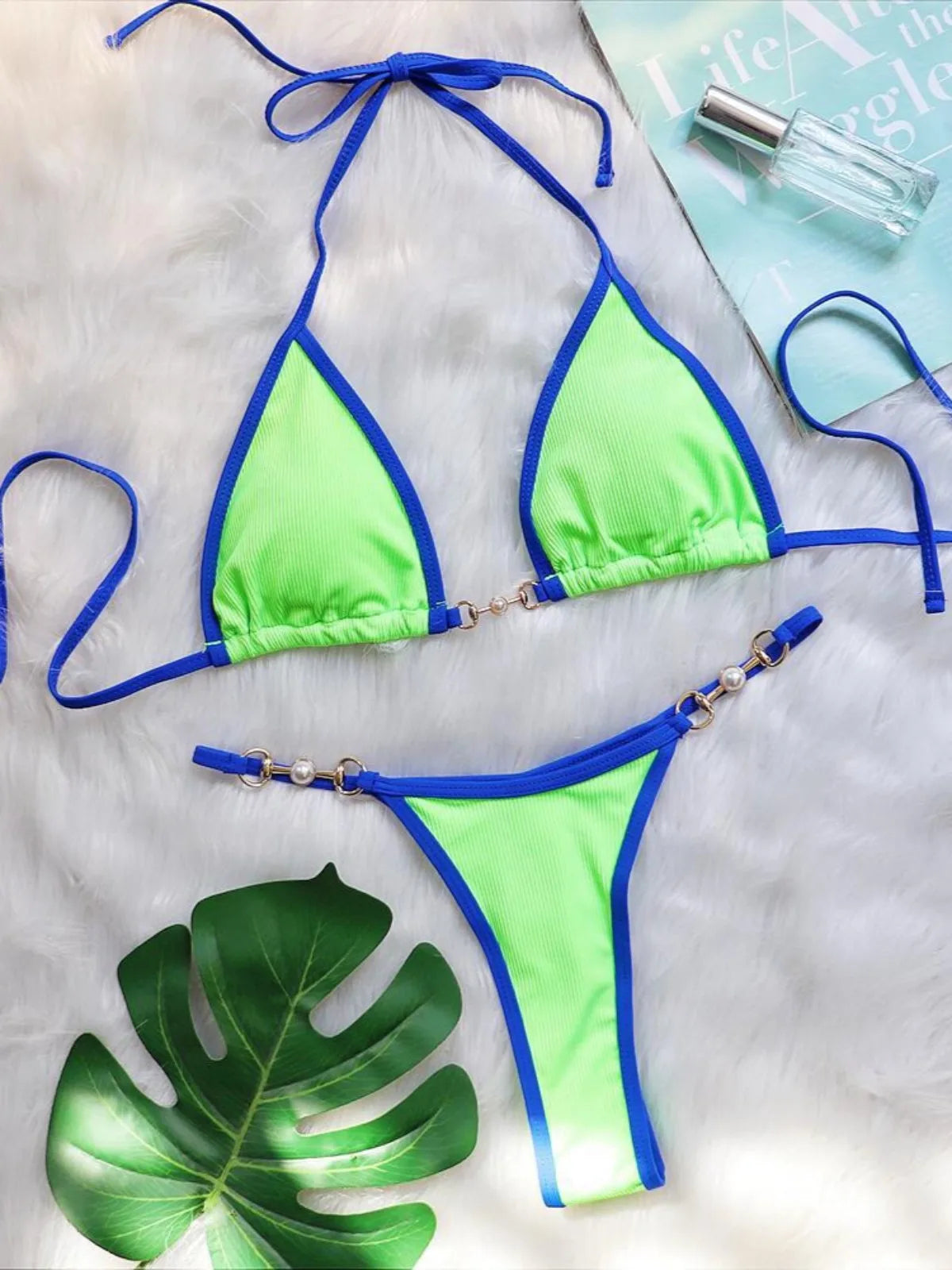 Triangle Bag Bikini Solid Halter Push Up Two Piece Bikini Set