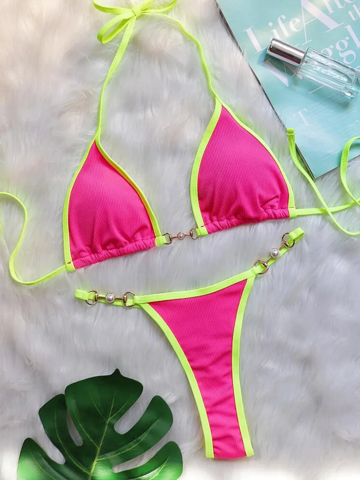 Triangle Bag Bikini Solid Halter Push Up Two Piece Bikini Set