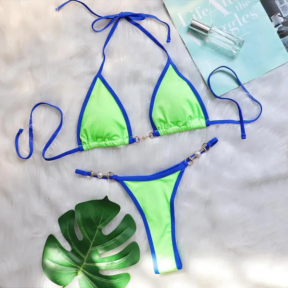 Triangle Bag Bikini Solid Halter Push Up Two Piece Bikini Set