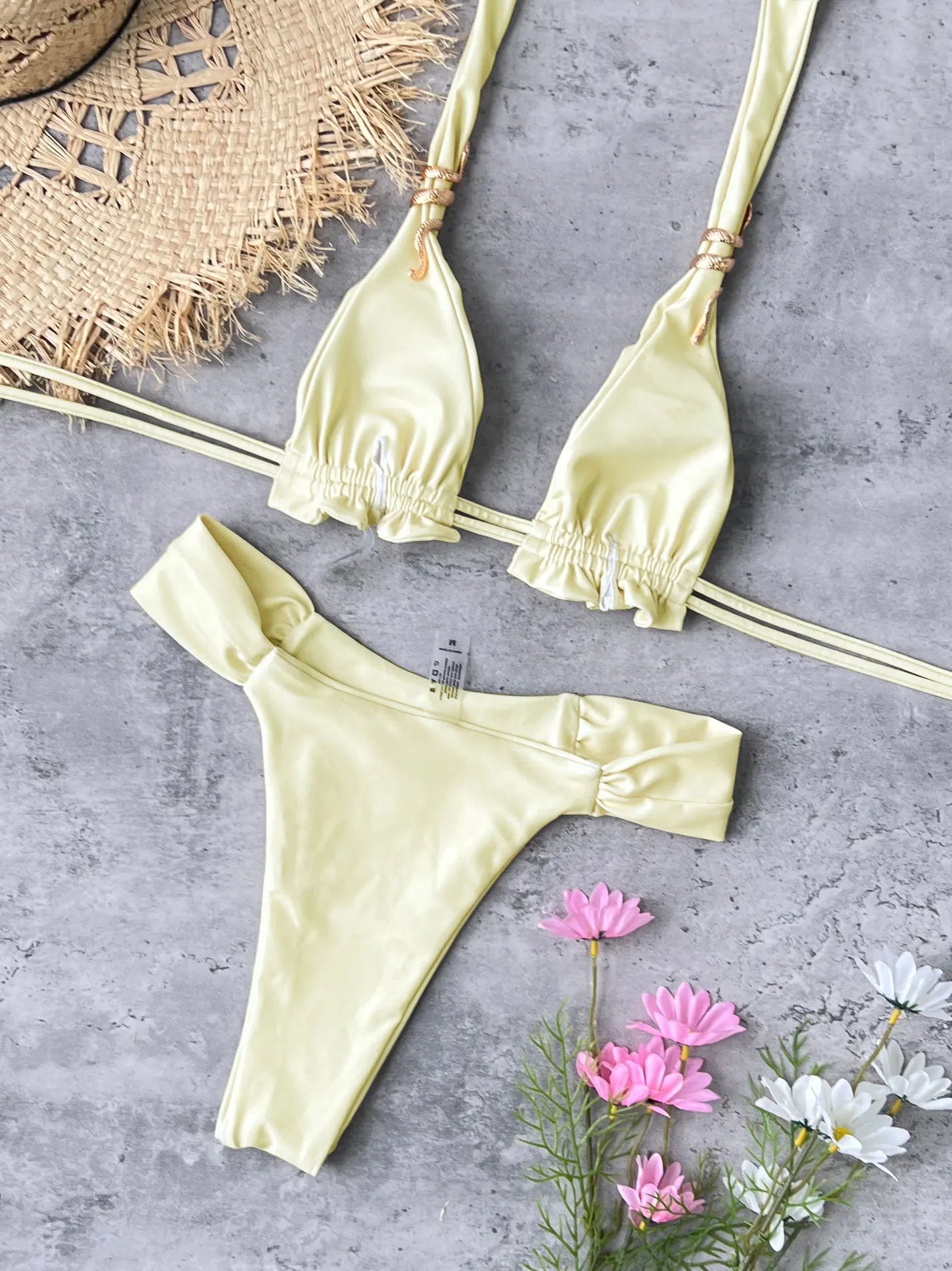 Triangle Bikini Yellow Metal 3D Snake Strap Push Up Pleate Thong Swimsuit Bathing Suit Bandage Swimwear