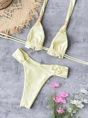 Triangle Bikini Yellow Metal 3D Snake Strap Push Up Pleate Thong Swimsuit Bathing Suit Bandage Swimwear