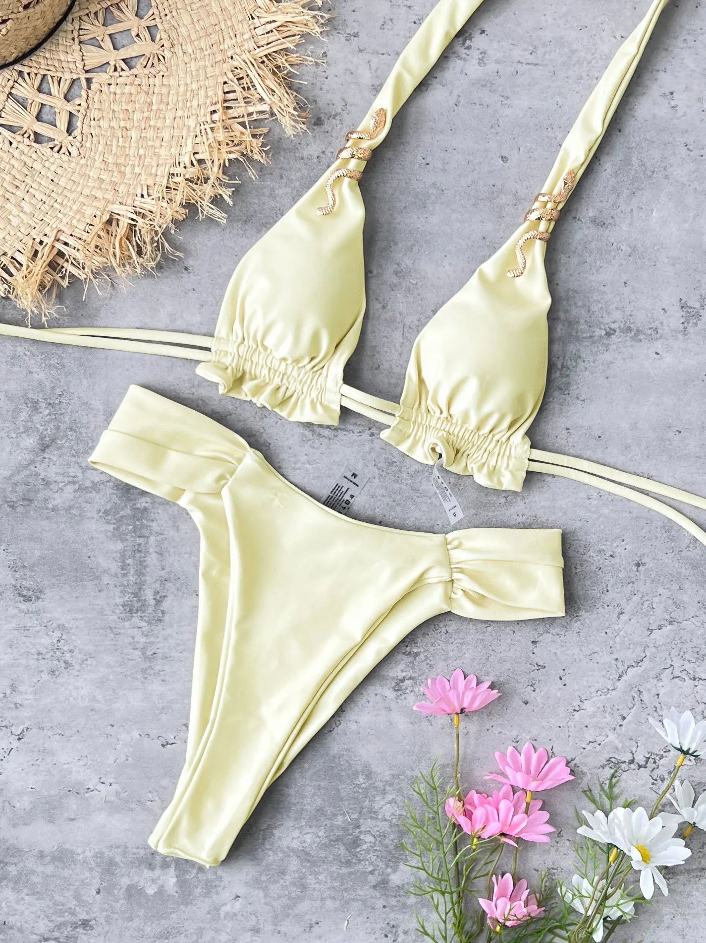 Triangle Bikini Yellow Metal 3D Snake Strap Push Up Pleate Thong Swimsuit Bathing Suit Bandage Swimwear