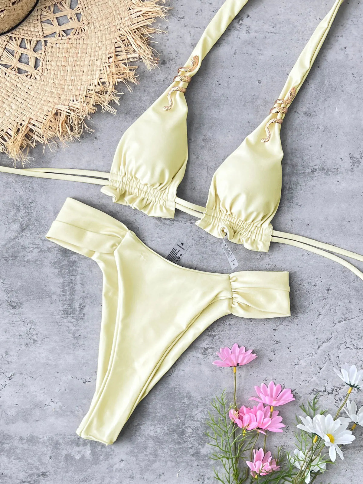Triangle Bikini Yellow Metal 3D Snake Strap Push Up Pleate Thong Swimsuit Bathing Suit Bandage Swimwear