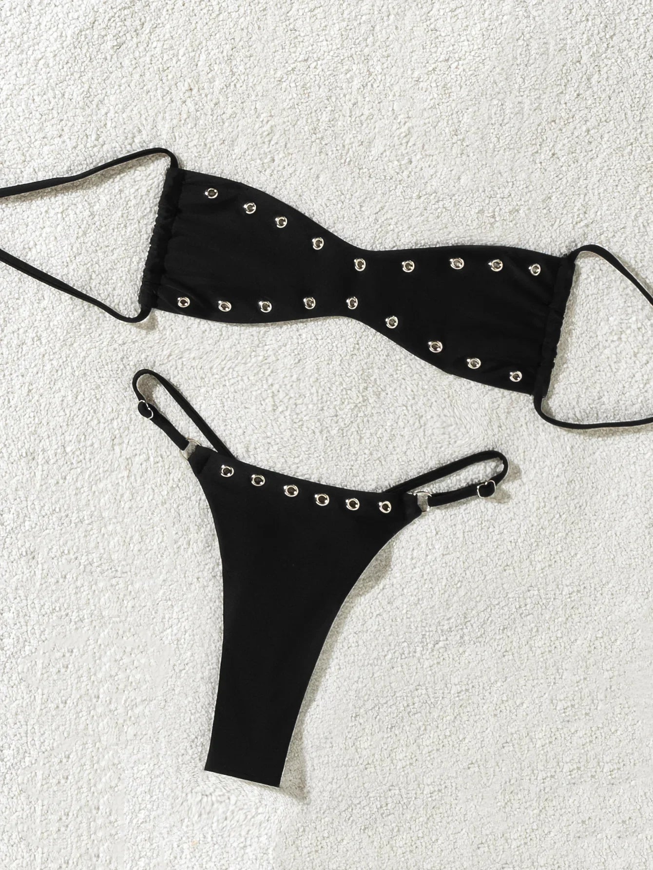 Triangle Bikini Black Button Rivet Pleate Push Up Bra Thong Swimsuit Bathing Suit Holiday Micro Swimwear