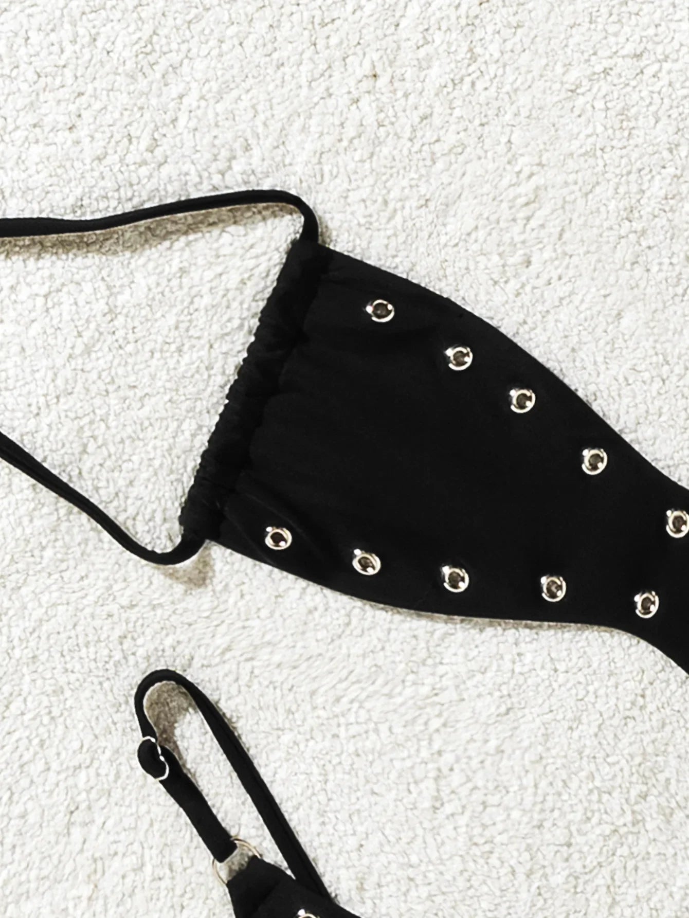 Triangle Bikini Black Button Rivet Pleate Push Up Bra Thong Swimsuit Bathing Suit Holiday Micro Swimwear