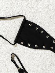 Triangle Bikini Black Button Rivet Pleate Push Up Bra Thong Swimsuit Bathing Suit Holiday Micro Swimwear